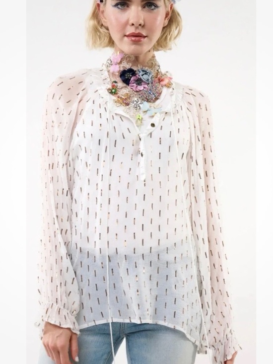 Aratta Silent Journey Tops - Aratta Sheer White & GoldLong-Sleeve Blouse - with Beaded Tassel Tie. Sz M